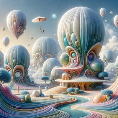 The primary subject of the image is a whimsical, colorful, and surreal landscape featuring a variety of oddly shaped objects, such as balloons, umbrellas, and other floating elements. The setting is a fantastical world with a backdrop of clouds, and the visual style is a combination of digital art and illustration. The colors and mood of the image are vibrant, lively, and imaginative, creating a sense of wonder and creativity.